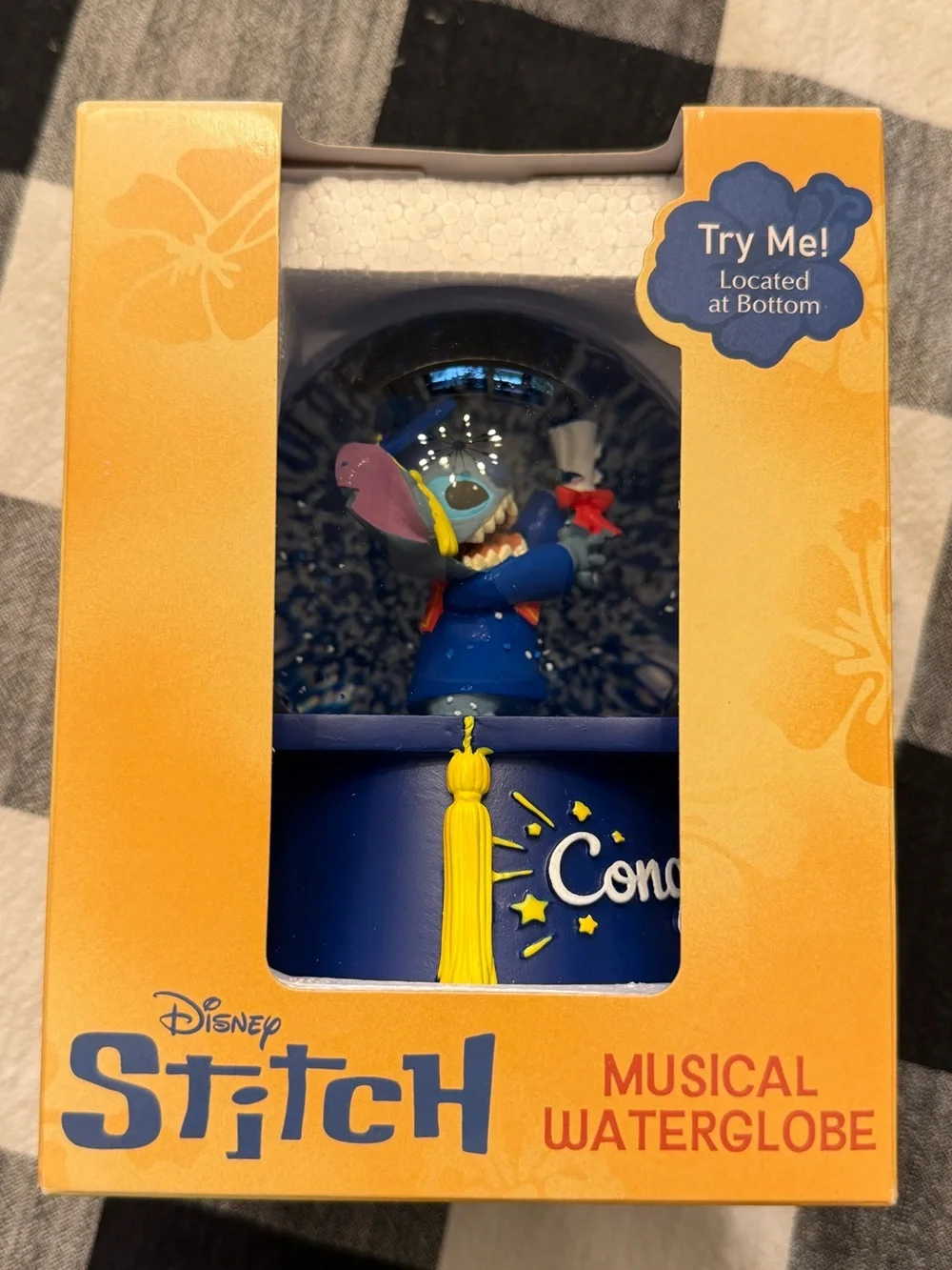 Disney Stitch Graduation Musical Waterglobe Snowglobe Blue & Yellow Grad Cap NIB